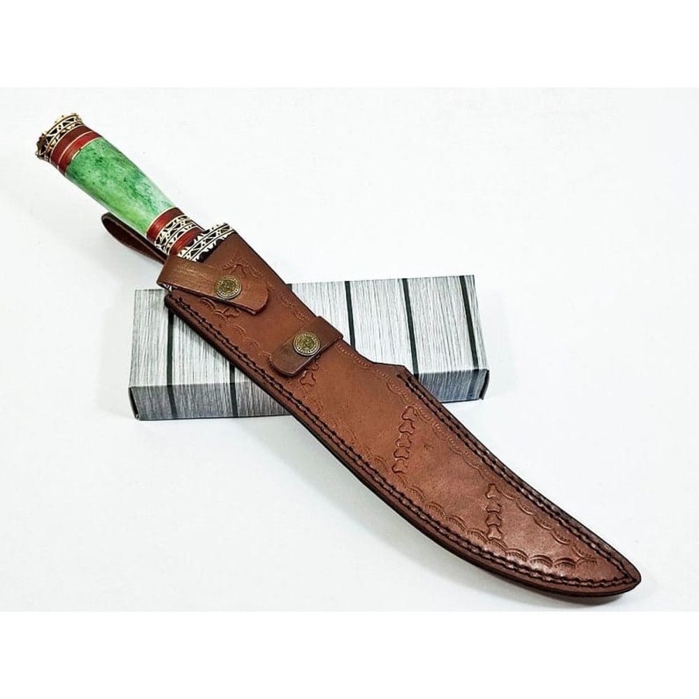 160 Damascus Curved Blade Art Bowie Knife Hunting Knife EDC Outdoor Knife Camel Bone HandlePremium Leather Sheath 6