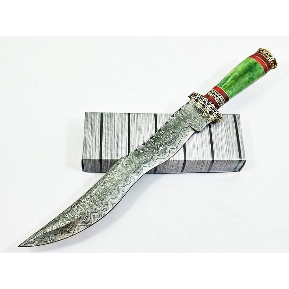160 Damascus Curved Blade Art Bowie Knife Hunting Knife EDC Outdoor Knife Camel Bone HandlePremium Leather Sheath 0