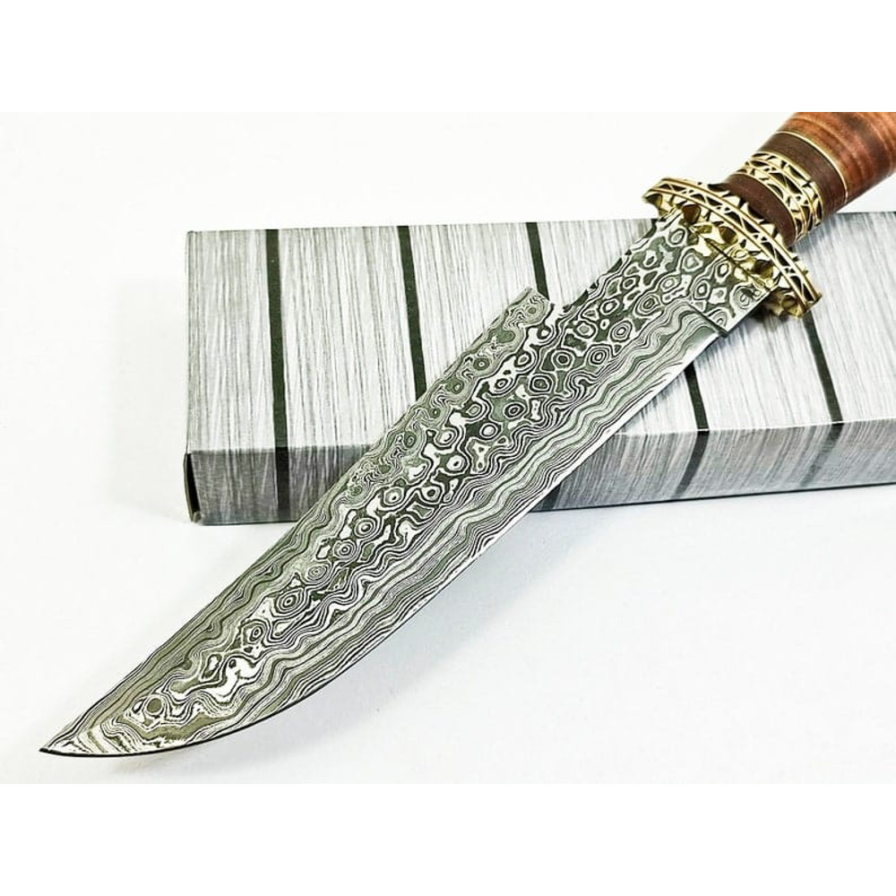 Damascus Drop Point Blade Bowie Hunting Knife Stacked Leather Bowie Knife EDC Outdoor Knife Premuim Leather Sheath 1