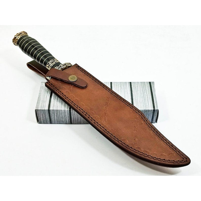 145 Damascus Ladder Pattern Blade Bowie Knife Horn Handle Handmade Knife EDC Outdoor KnifePremium Leather Sheath 6