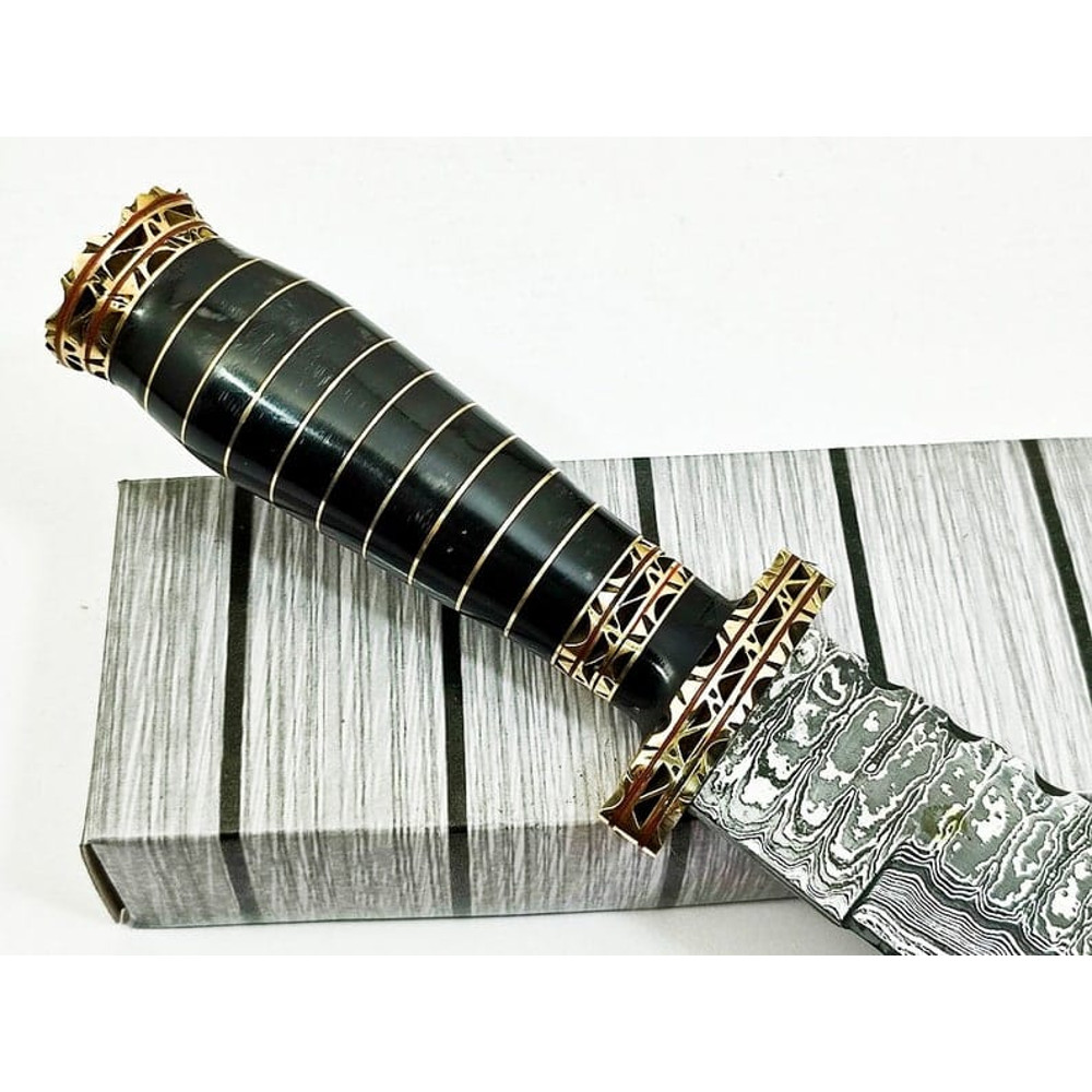 145 Damascus Ladder Pattern Blade Bowie Knife Horn Handle Handmade Knife EDC Outdoor KnifePremium Leather Sheath 3