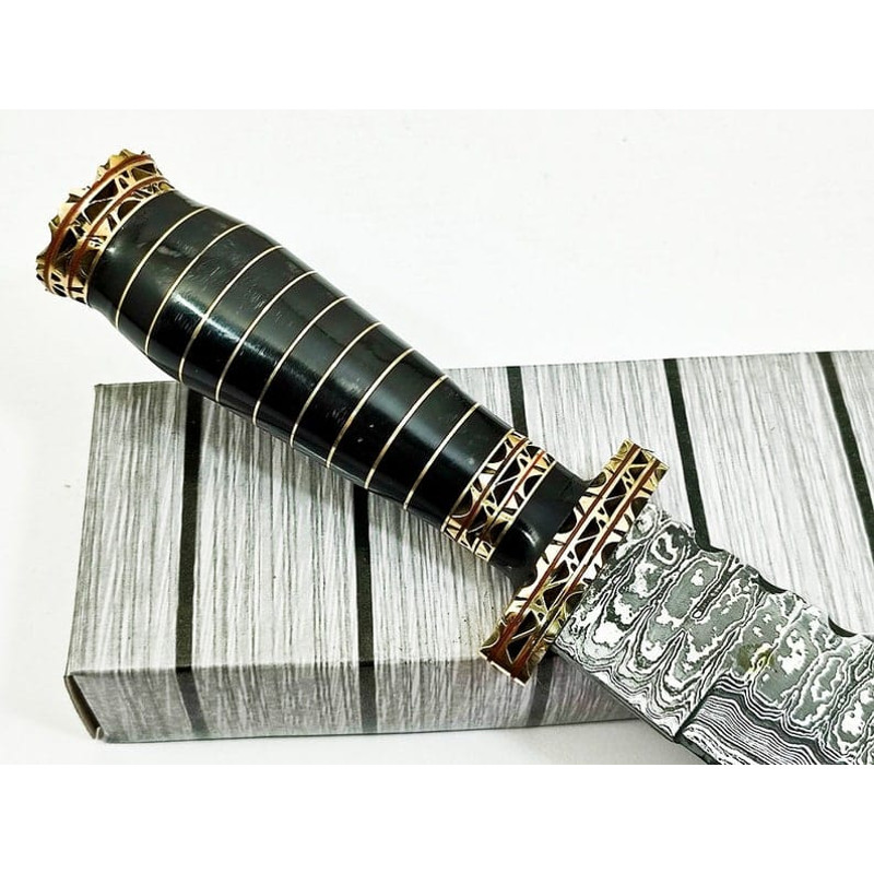 145 Damascus Ladder Pattern Blade Bowie Knife Horn Handle Handmade Knife EDC Outdoor KnifePremium Leather Sheath 3