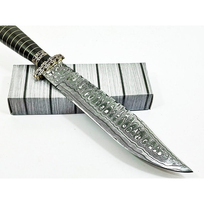 145 Damascus Ladder Pattern Blade Bowie Knife Horn Handle Handmade Knife EDC Outdoor KnifePremium Leather Sheath 4