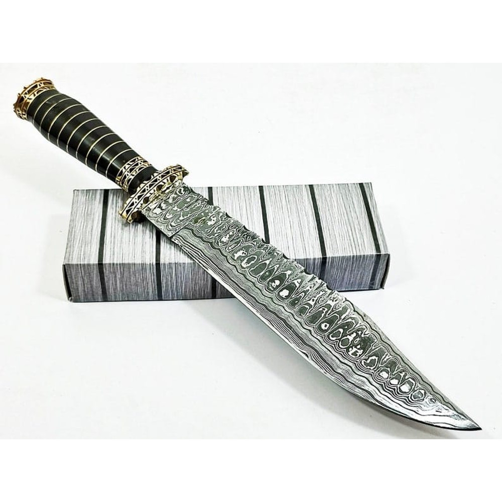 145 Damascus Ladder Pattern Blade Bowie Knife Horn Handle Handmade Knife EDC Outdoor KnifePremium Leather Sheath 2