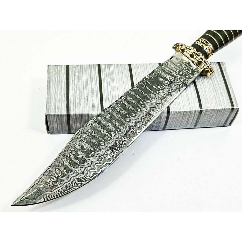 145 Damascus Ladder Pattern Blade Bowie Knife Horn Handle Handmade Knife EDC Outdoor KnifePremium Leather Sheath 1