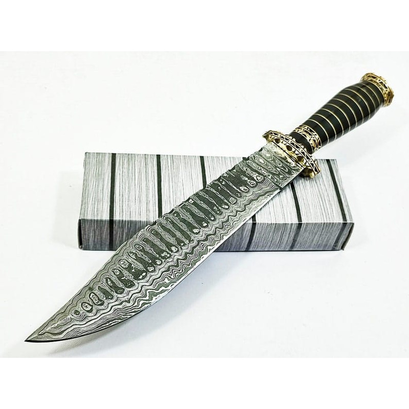145 Damascus Ladder Pattern Blade Bowie Knife Horn Handle Handmade Knife EDC Outdoor KnifePremium Leather Sheath 0