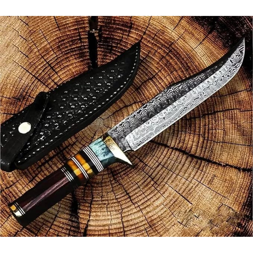 Handmade Damascus Steel Bowie Knife Full Tang WSheath Combat Tactical Best Gift Hunting Knife 7