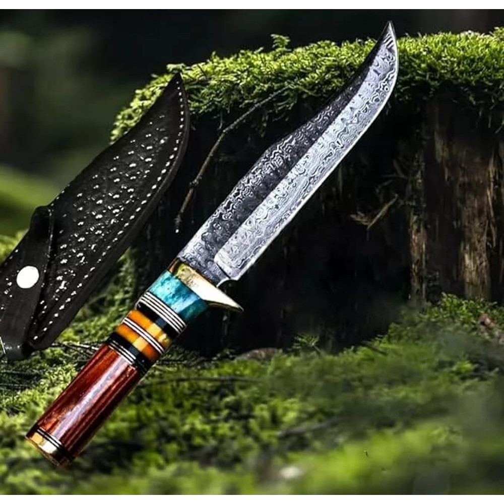 Handmade Damascus Steel Bowie Knife Full Tang WSheath Combat Tactical Best Gift Hunting Knife 2