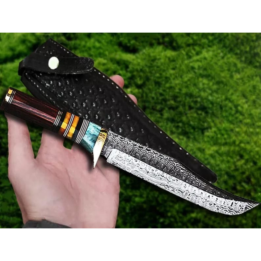 Handmade Damascus Steel Bowie Knife Full Tang WSheath Combat Tactical Best Gift Hunting Knife 3
