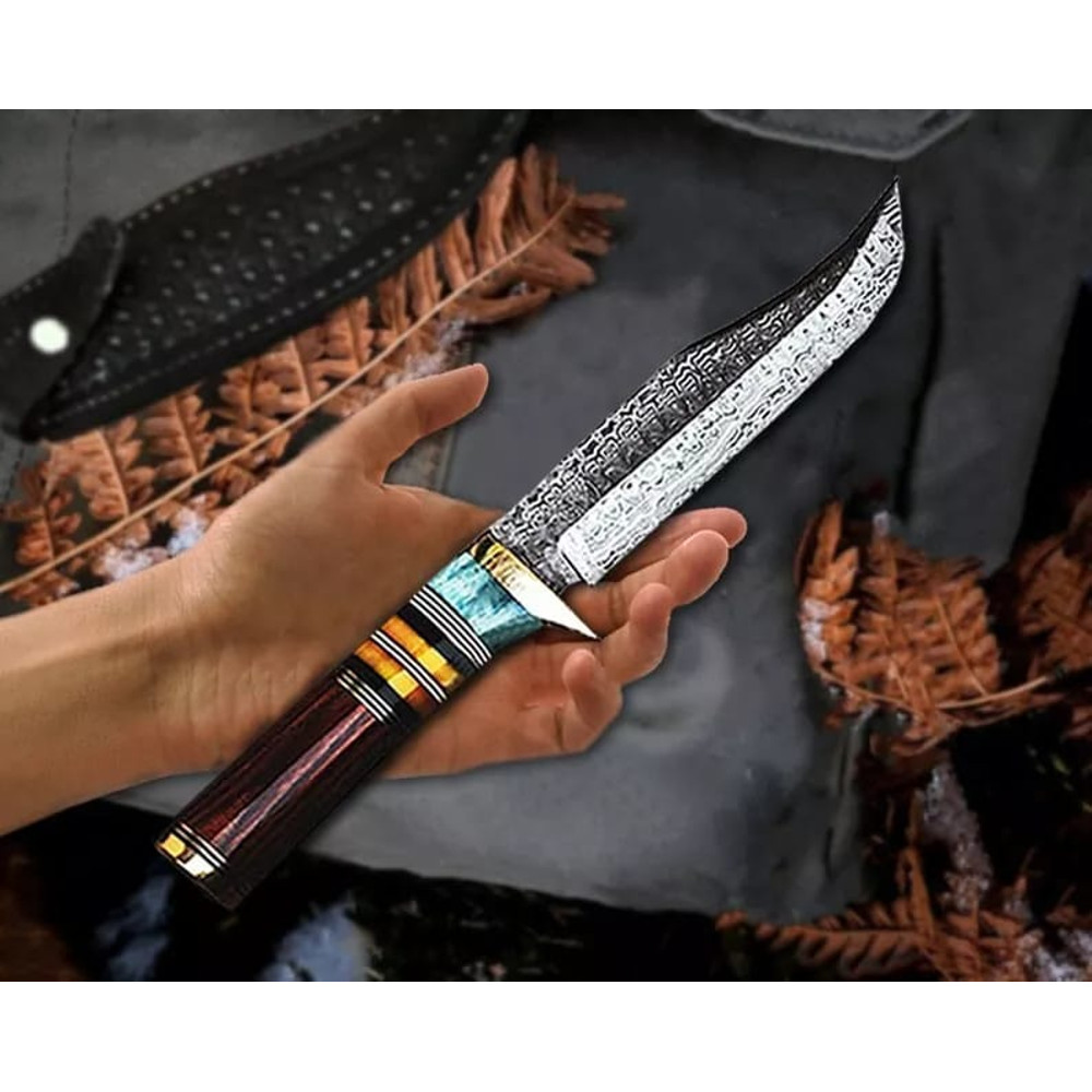Handmade Damascus Steel Bowie Knife Full Tang WSheath Combat Tactical Best Gift Hunting Knife 5