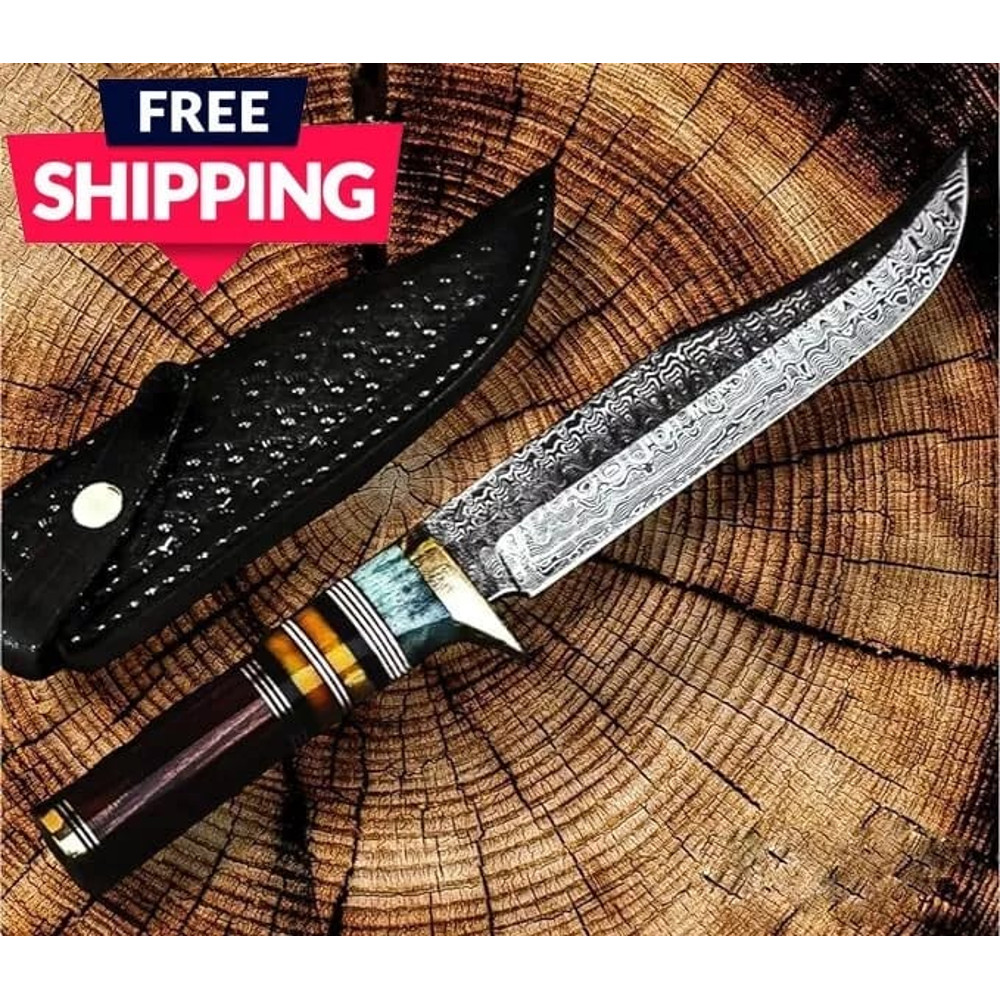 Handmade Damascus Steel Bowie Knife Full Tang WSheath Combat Tactical Best Gift Hunting Knife 0