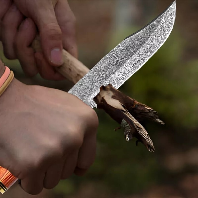 FIXED BLADE DAMASCUS HUNTING KNIFE WLEATHER SHEATH BEST OUTDOOR CAMPING KNIFE BEST GIFT 2