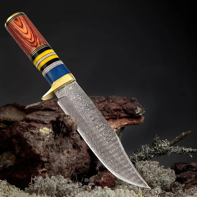 FIXED BLADE DAMASCUS HUNTING KNIFE WLEATHER SHEATH BEST OUTDOOR CAMPING KNIFE BEST GIFT 1