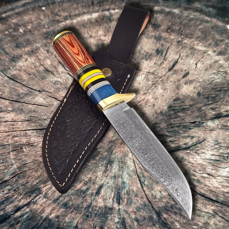 FIXED BLADE DAMASCUS HUNTING KNIFE WLEATHER SHEATH BEST OUTDOOR CAMPING KNIFE BEST GIFT 0