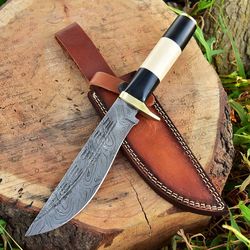 handmade damascus hunting knife with bone and wood handle, gift for father wedding gift bowie knife birthday gift