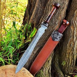 20'' handmade damascus steel double edge dagger hunting knife with leather sheath, camping adventure, easy to carry use