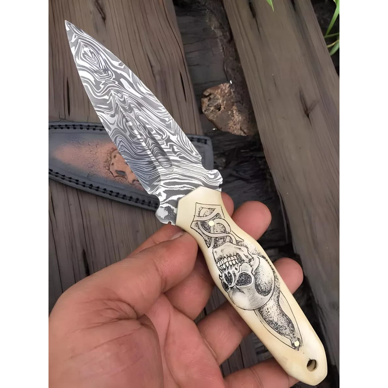 Custom Handmade Damascus Steel Dagger Knife Engraved Skull Handle With Leather Sheath Hunting Knife Best Gift 1