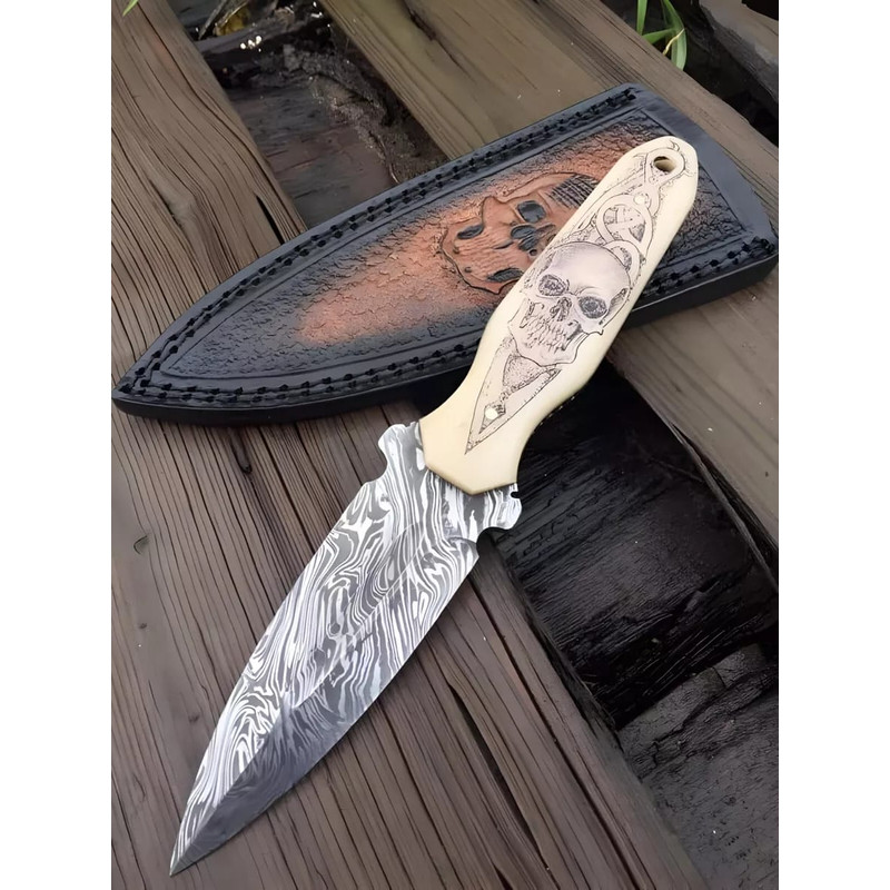 Custom Handmade Damascus Steel Dagger Knife Engraved Skull Handle With Leather Sheath Hunting Knife Best Gift 2