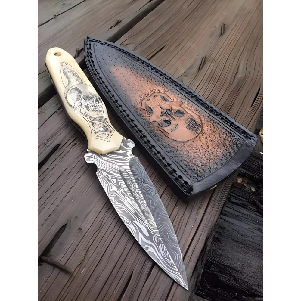 Custom Handmade Damascus Steel Dagger Knife Engraved Skull Handle With Leather Sheath Hunting Knife Best Gift 0