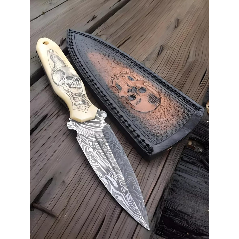 Custom Handmade Damascus Steel Dagger Knife Engraved Skull Handle With Leather Sheath Hunting Knife Best Gift 0