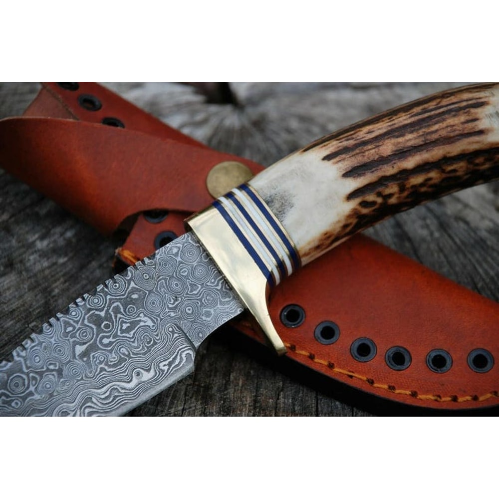 9Damascus Gut Hook Skinner Fixed Blade Knife With Stag Antler Handle Thanksgiving Gift Anniversary Gift Groomsmen 1