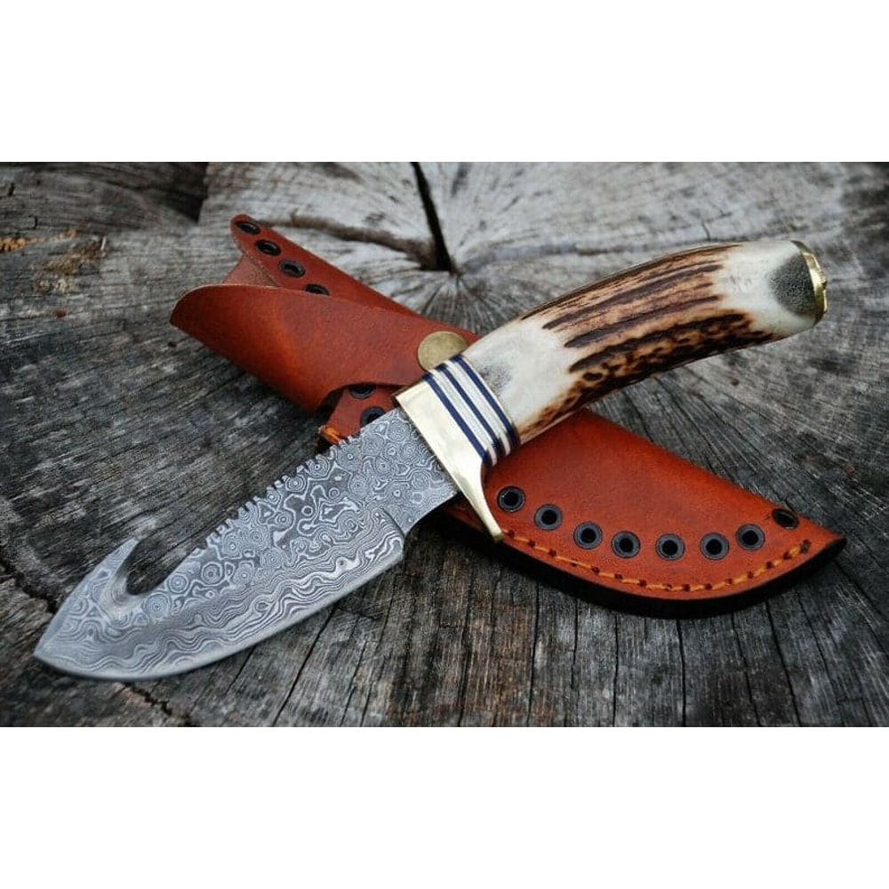 9Damascus Gut Hook Skinner Fixed Blade Knife With Stag Antler Handle Thanksgiving Gift Anniversary Gift Groomsmen 0