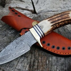 9"damascus gut hook skinner fixed blade knife with stag antler handle, thanksgiving gift, anniversary gift, groomsmen