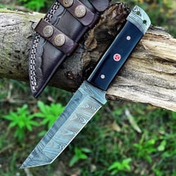 9.5' custom damascus knife, buffalo horn handle, pocket knife, camping knife, stylish, anniversary gift, gift for men