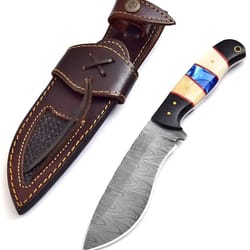 stylish hand-forged damascus steel knife, pocket knife, skinner knife, camping knife, camel bone handle, gift for him