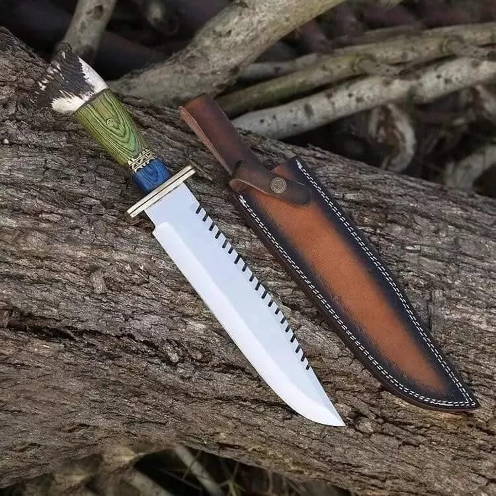 Custom Handmade D2 Steel Stag Horn Handle Hunting Bowie Knife With Leather Sheath Best Gift 0