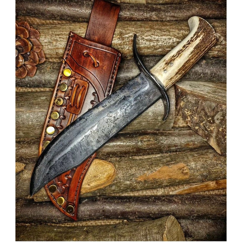 Blacksmith Handmade Stag Horn Handle Hunting Knife Bowie Knife EDC Knife Premium Leather Sheath Best Gift 3