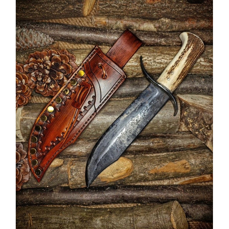 Blacksmith Handmade Stag Horn Handle Hunting Knife Bowie Knife EDC Knife Premium Leather Sheath Best Gift 0