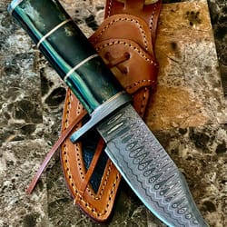 handmade damascus steel 10 inches bushcraft knife, buffalo horn handle knife, premium leather sheath, best gift