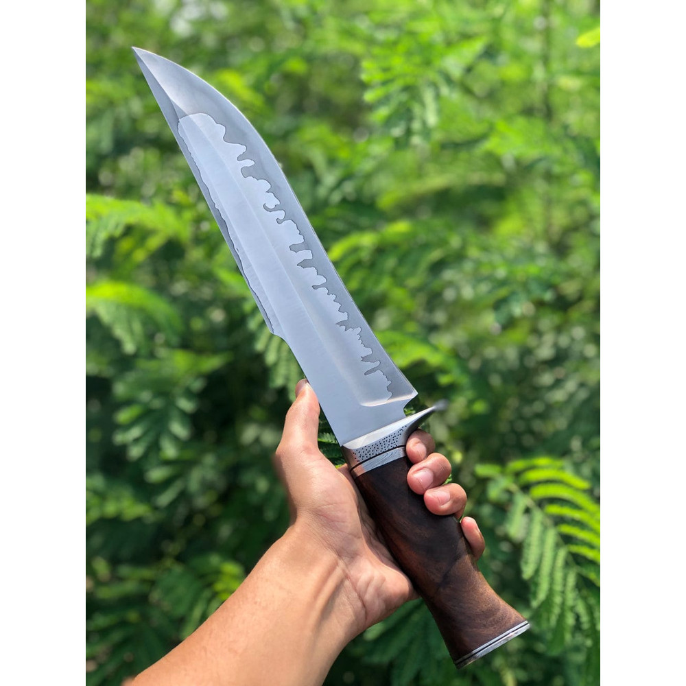 Custom Handmade D2 Steel Bowie Knife With Rosewood Handle And Steel Guard Complete With Leather Sheath 2