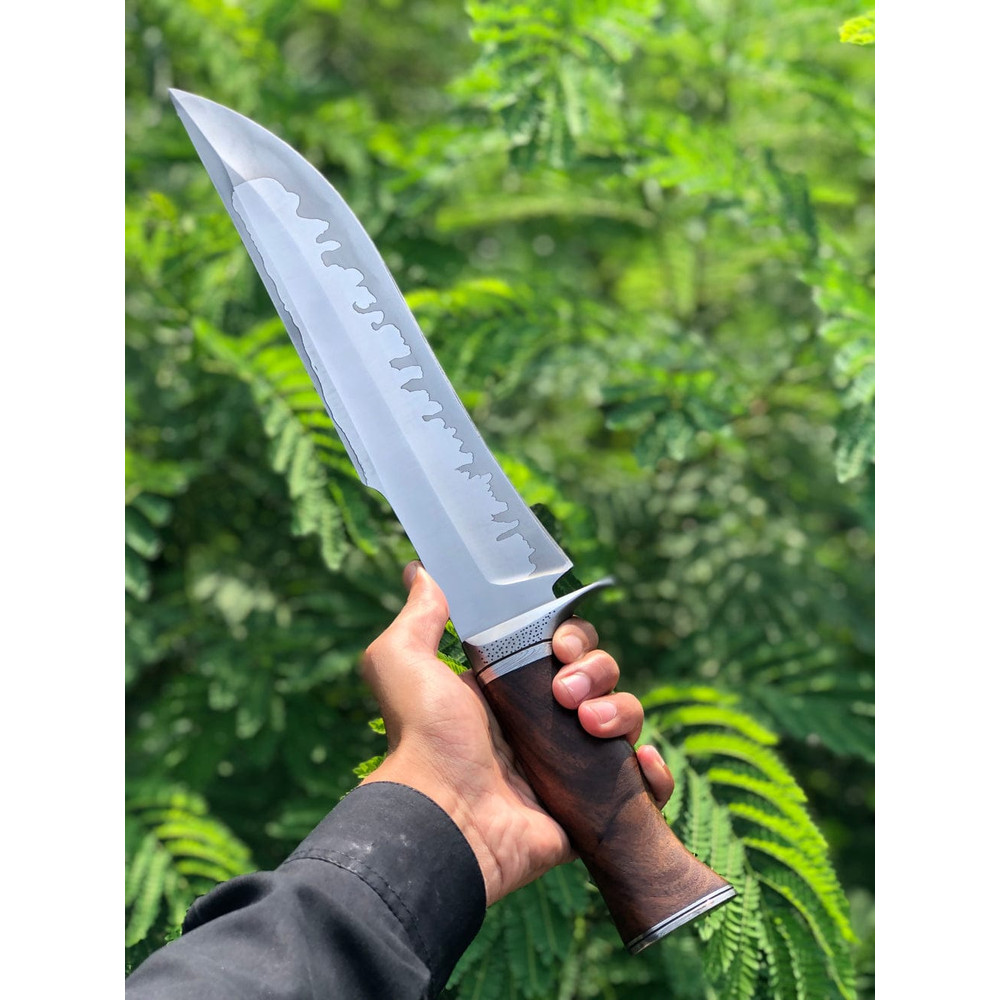 Custom Handmade D2 Steel Bowie Knife With Rosewood Handle And Steel Guard Complete With Leather Sheath 1