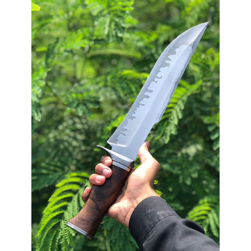 Custom Handmade D2 Steel Bowie Knife With Rosewood Handle And Steel Guard Complete With Leather Sheath 3