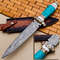 Hand Crafted Damascus Steel Dagger Knife With Blue Turquoise Stone Handle Brass Accents And Exquisite Leather Sheath 0