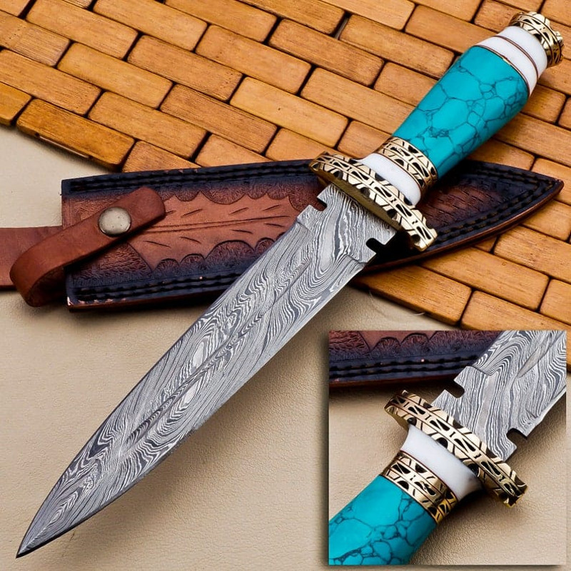 Hand Crafted Damascus Steel Dagger Knife With Blue Turquoise Stone Handle Brass Accents And Exquisite Leather Sheath 0