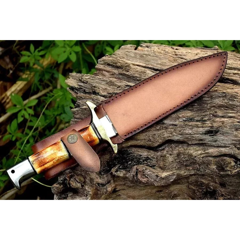 Custom Hand Forged Steel Hunting Knife Burnt Bone Handle With Leather Sheath Outdoor Camping Bushcraft Knife Best Gift 6