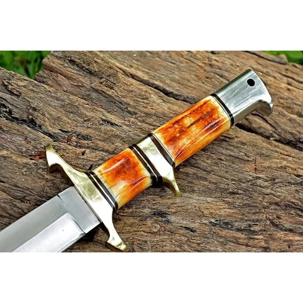 Custom Hand Forged Steel Hunting Knife Burnt Bone Handle With Leather Sheath Outdoor Camping Bushcraft Knife Best Gift 3
