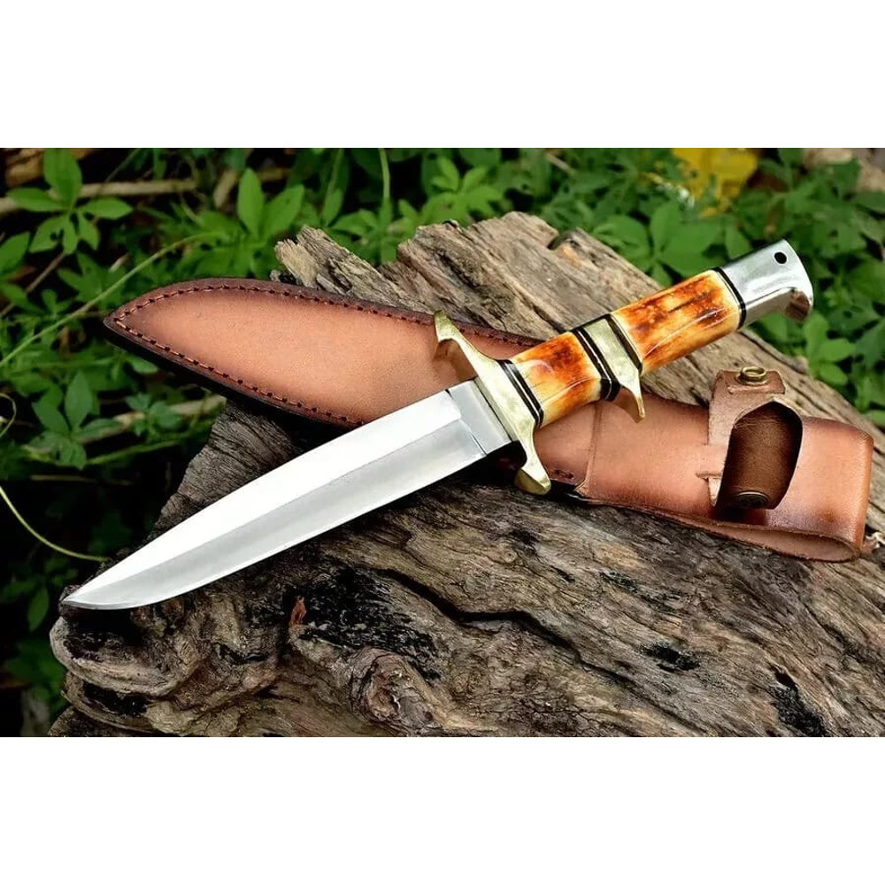 Custom Hand Forged Steel Hunting Knife Burnt Bone Handle With Leather Sheath Outdoor Camping Bushcraft Knife Best Gift 0