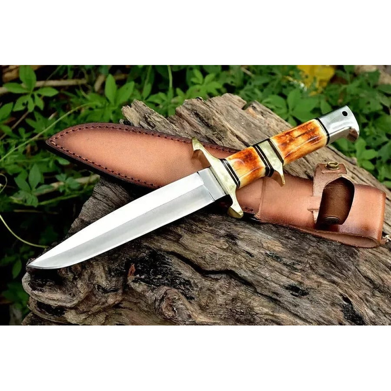 Custom Hand Forged Steel Hunting Knife Burnt Bone Handle With Leather Sheath Outdoor Camping Bushcraft Knife Best Gift 0