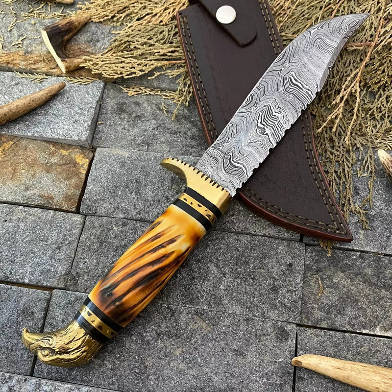 Custom Handmade Damascus Steel Bowie Hunting Knife Eagle Head Handle W Sheath 1