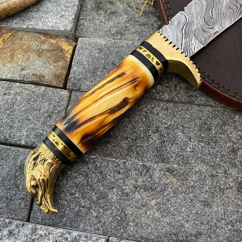 Custom Handmade Damascus Steel Bowie Hunting Knife Eagle Head Handle W Sheath 6