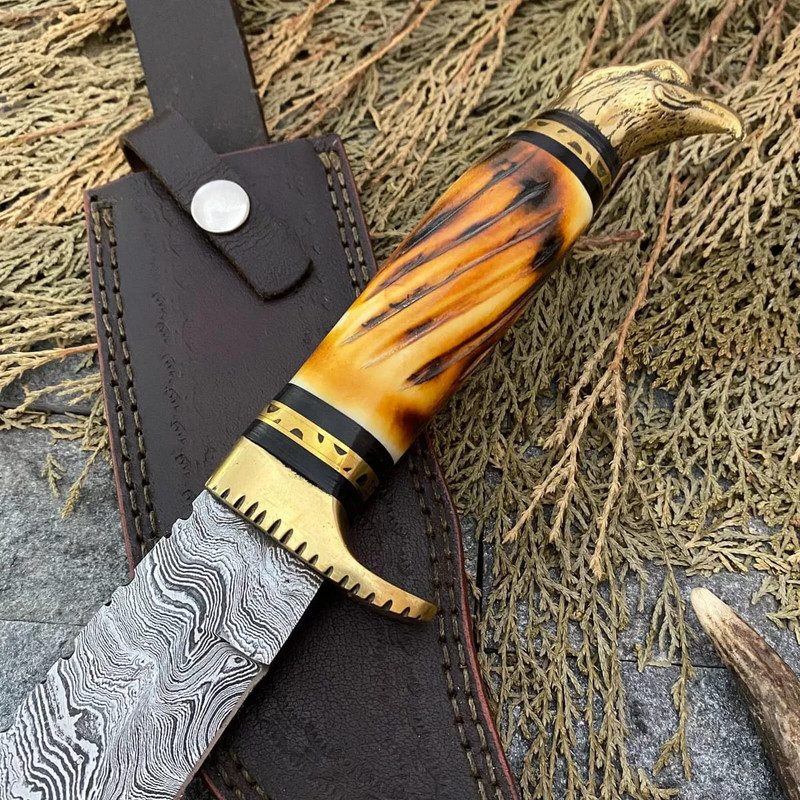 Custom Handmade Damascus Steel Bowie Hunting Knife Eagle Head Handle W Sheath 2