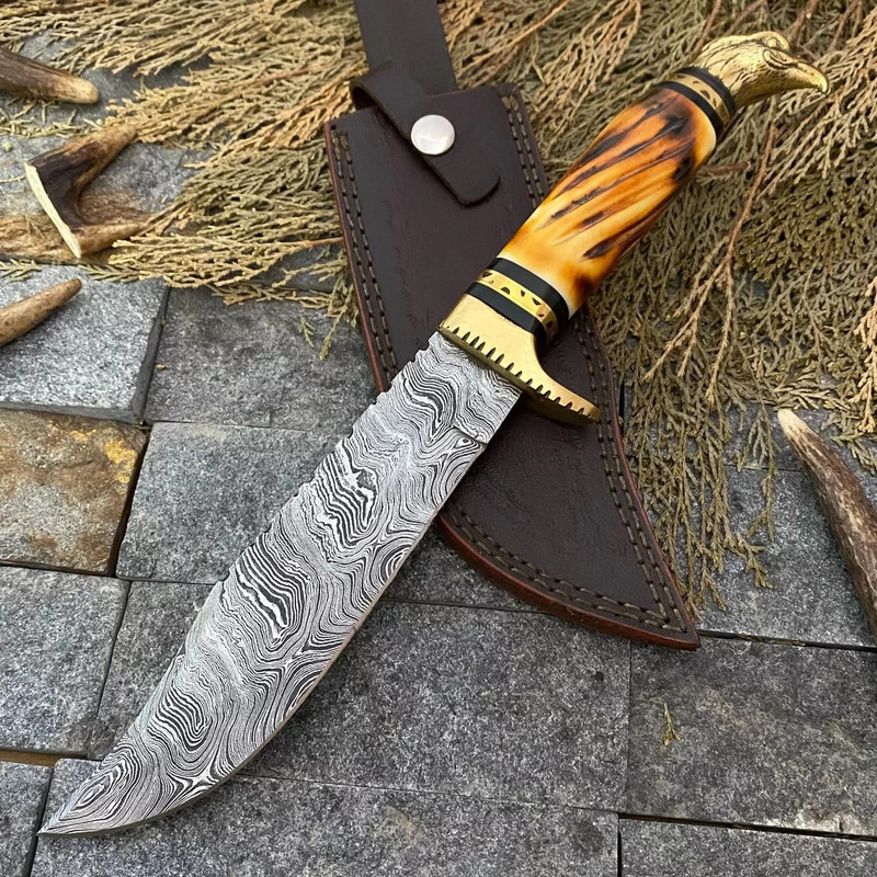 Custom Handmade Damascus Steel Bowie Hunting Knife Eagle Head Handle W Sheath 0
