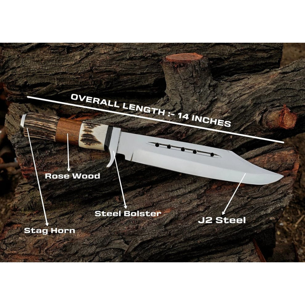 Custom Handmade J2 Steel Bowie Knife Stag Horn Handle Leather Sheath Best Gift 1