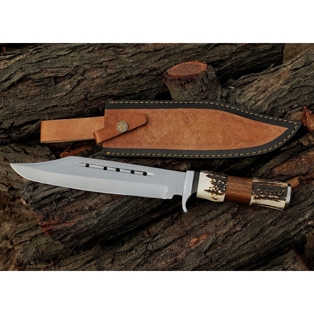 Custom Handmade J2 Steel Bowie Knife Stag Horn Handle Leather Sheath Best Gift 0