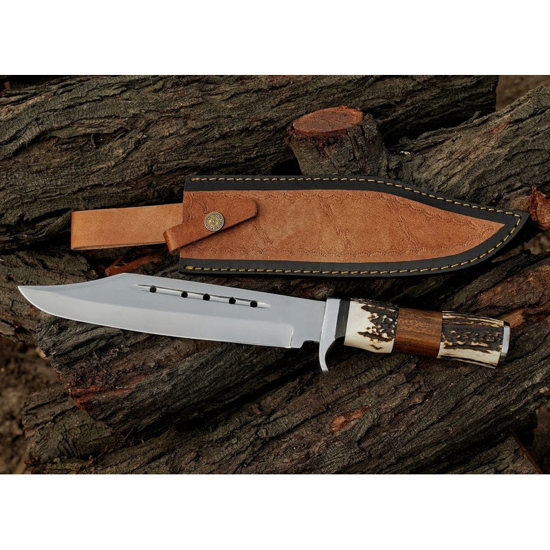 Custom Handmade J2 Steel Bowie Knife Stag Horn Handle Leather Sheath Best Gift 0