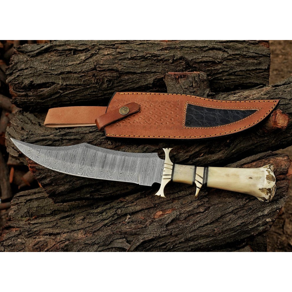 155 Inches Personalized Damascus Steel Hunting Knife Camel Bone Handle Premium Leather Sheath Best 0